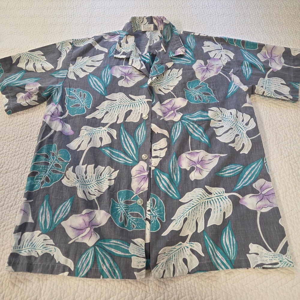 New Horizon Mens Medium Hawaiian Shirt Gray Teal Floral Monstera Made in Hawaii